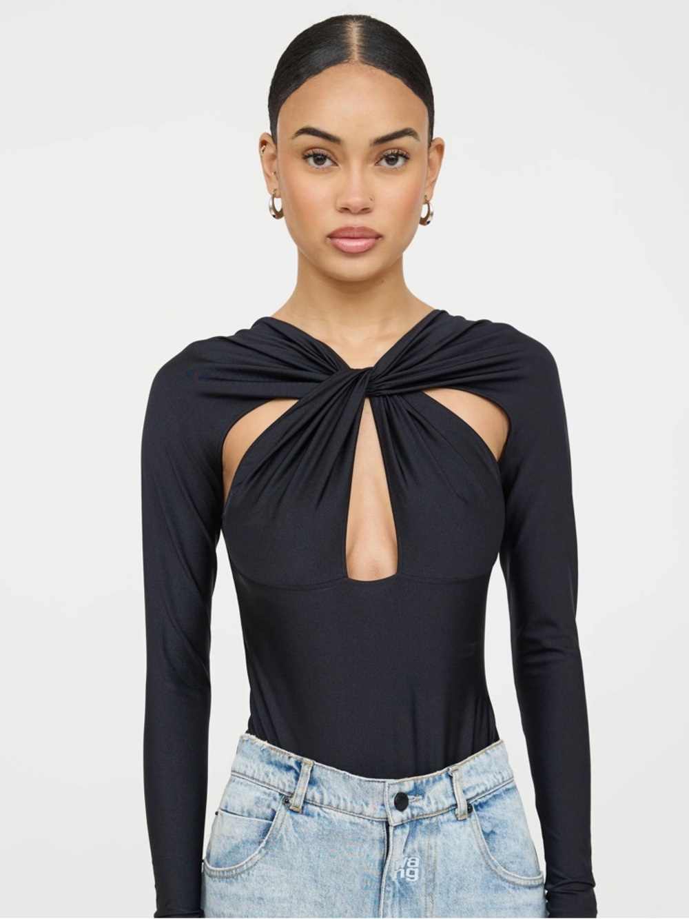 Long-Sleeve Black Twist Front cutout bodysuit